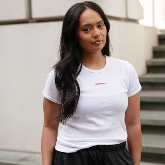 Thorns Mini Logo Women's White Baby Tee